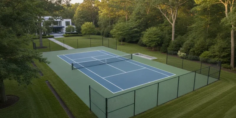 Newly constructed residential tennis court in a landscaped Long Island backyard
