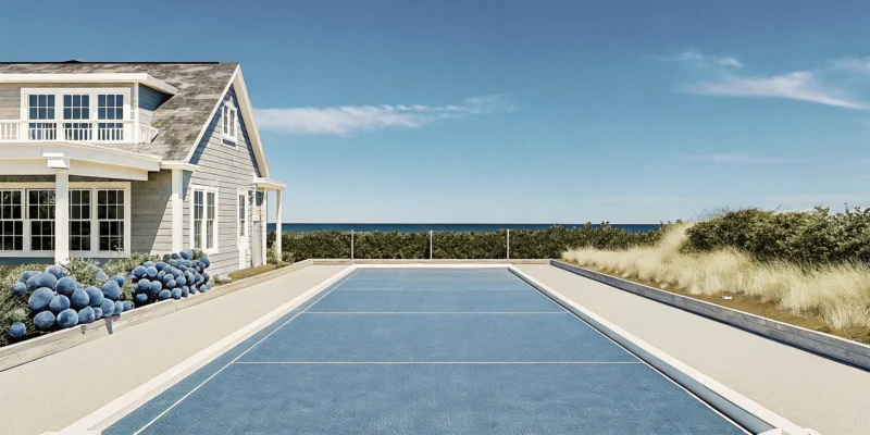 Bocce court installation on Long Island at a home with an ocean view.