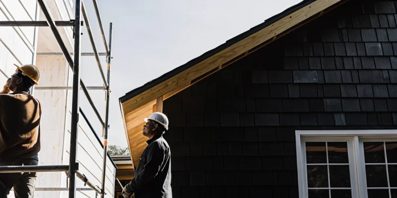 A Long Island home's exterior being transformed during a whole property renovation.