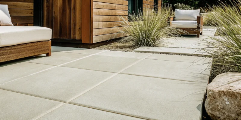 Slip resistant patio pavers on a modern Long Island patio with outdoor furniture.