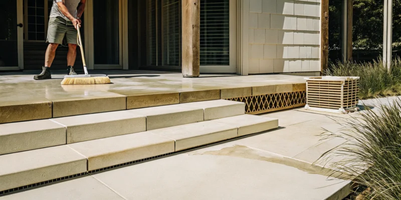 A Long Island patio installer sweeps the steps of a new travertine patio.