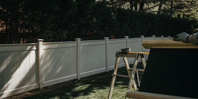 A new white vinyl fence installation in progress in a backyard.