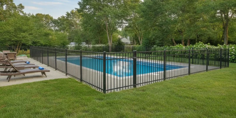 Safe Long Island swimming pool with a secure fence and clear deck