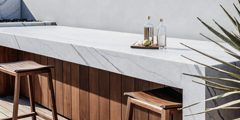 Infinity porcelain slabs for outdoor kitchen countertops.