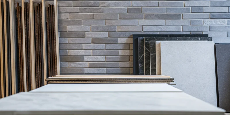 A wall display of modern and rustic gray brick tile samples.
