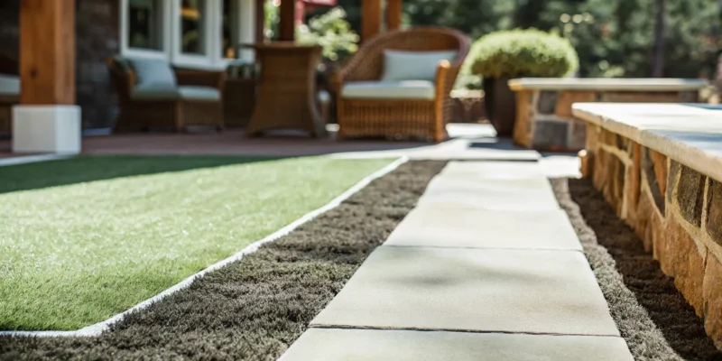 Low-maintenance artificial grass in a Suffolk County backyard with a stone walkway.