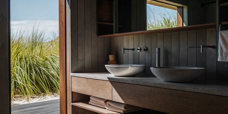 Modern bathroom renovation on Long Island with stone sinks and a wood vanity.