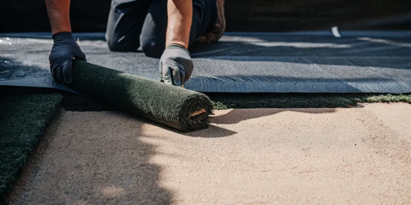 A professional pet turf installation in progress on a Long Island property.