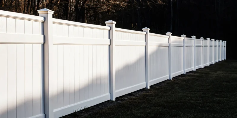 The total cost for 200 linear feet of white vinyl privacy fence in a backyard.