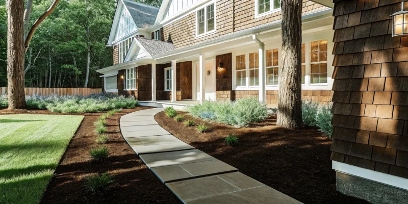 Full service landscaping in Suffolk County with a manicured lawn, stone walkway, and professional planting beds.