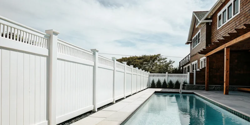 Maintenance-free white vinyl pool fence on Long Island.