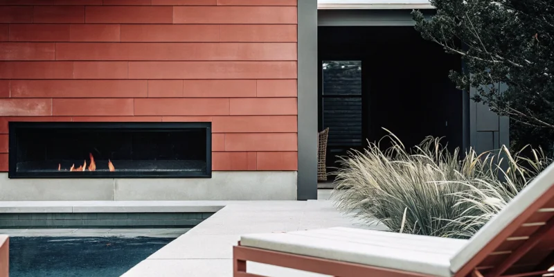 Modern outdoor fireplace with red siding, built by a Long Island fireplace builder.