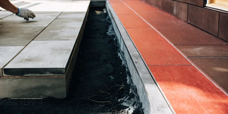 A bad concrete patio with sinking sections, cracks, and surface damage.