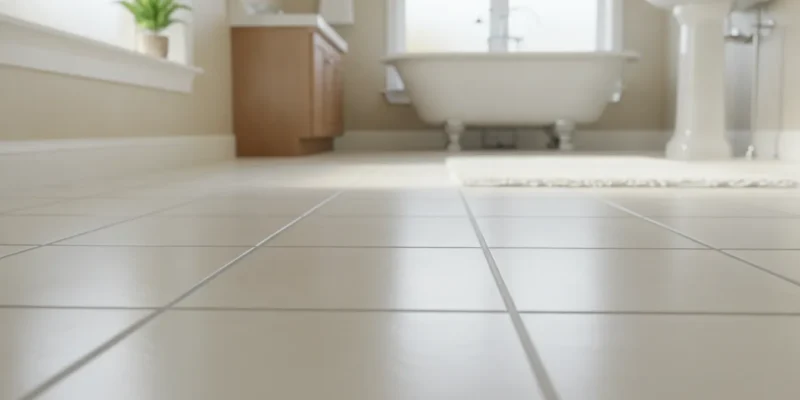 Light ceramic bathroom floor tile with narrow grout lines in a bright Long Island bathroom