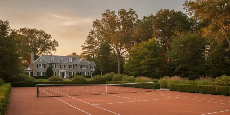 A residential tennis court beside a landscaped Long Island home