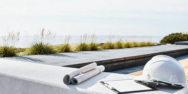 Blueprints and a clipboard for planning how to finance retaining walls in Long Island.