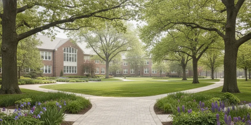 A school campus walkway bordered by shade trees, lawn, and low-maintenance planting beds