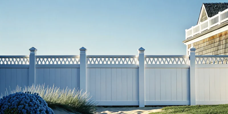 White decorative vinyl fence installation in a Long Island backyard.