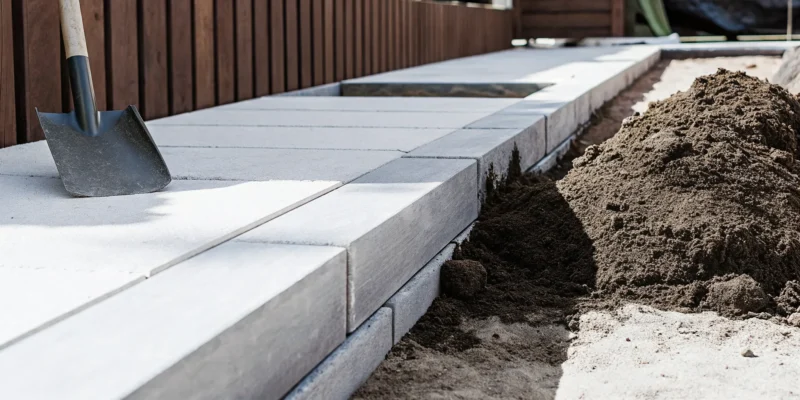 Installing a concrete paver border along a wood fence.