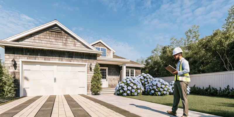 Contractor inspecting Long Island driveway pavers for local permit requirements.