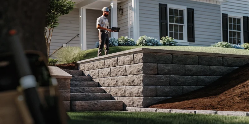 A concrete block retaining wall being built on Long Island, a project that often needs a permit.