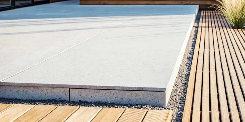 Exposed aggregate concrete patio in a modern alfresco with wood and gravel accents.