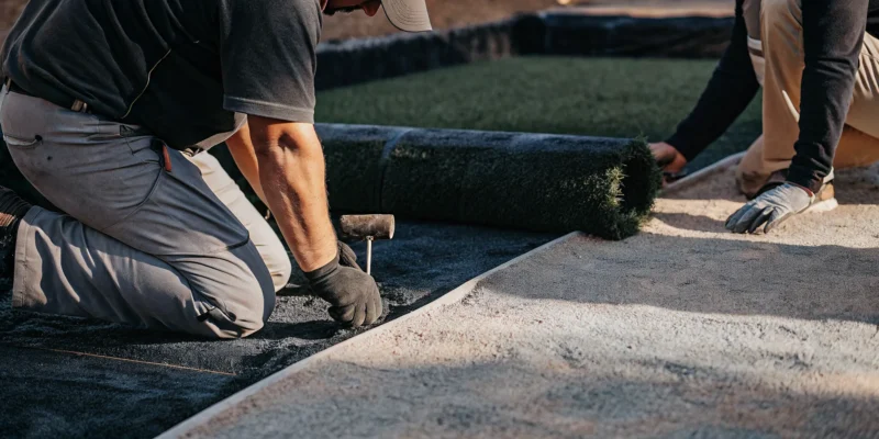 Professional synthetic turf installer laying a residential lawn on Long Island.