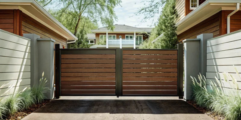 A modern wood fence and custom gate by a Suffolk County company.