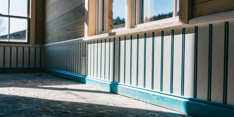 House wall frame with exposed wood studs showing standard stud spacing.