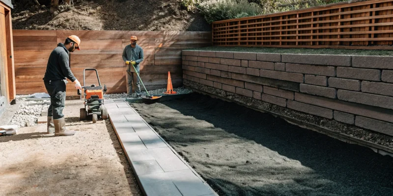 Workers installing a concrete block retaining wall in Long Island.