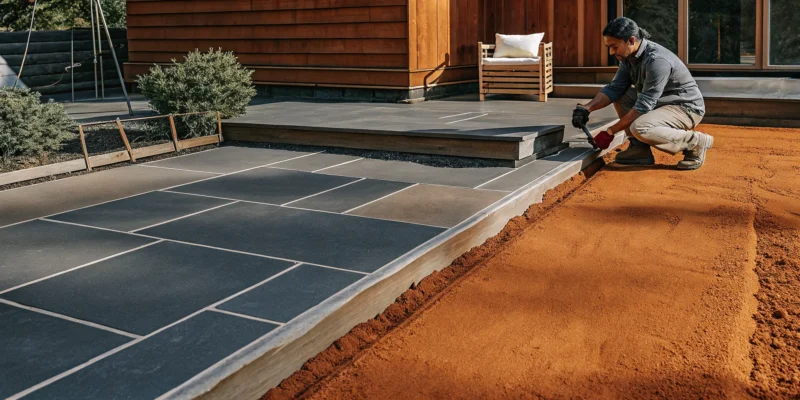 Worker installing a natural stone patio in Long Island, setting stones and leveling the sand base.