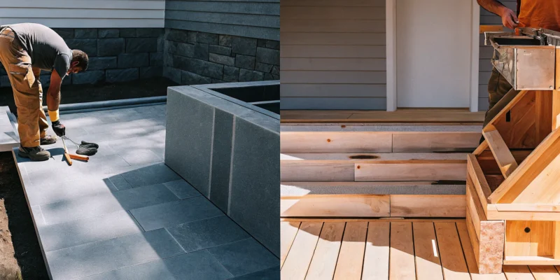 Outdoor kitchen installation in progress on a Long Island stone patio and wood deck.