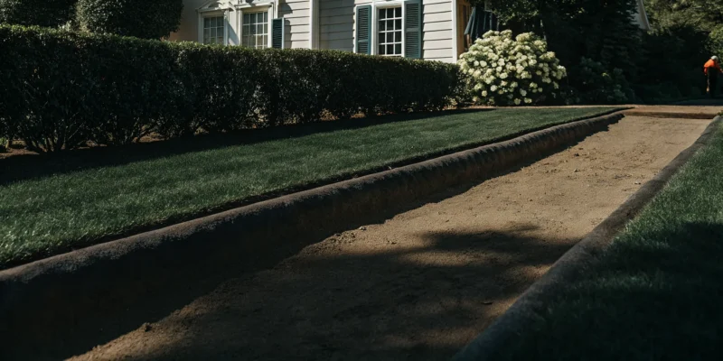 The installation process for driveway pavers in Long Island, showing the prepared foundation.