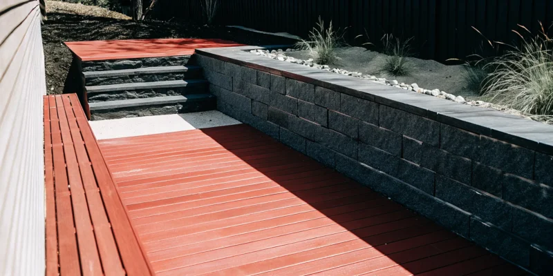 Cost of a modern stone block retaining wall in a Long Island backyard.