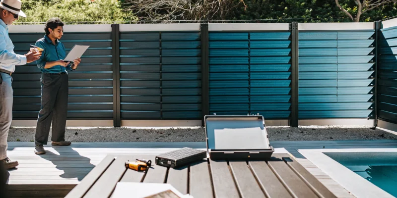 A Long Island fence company expert consulting with a homeowner next to a modern fence.