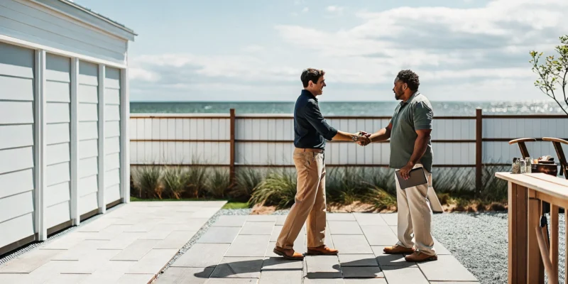 A wood fence contractor shakes hands with a client in front of a new fence on Long Island.