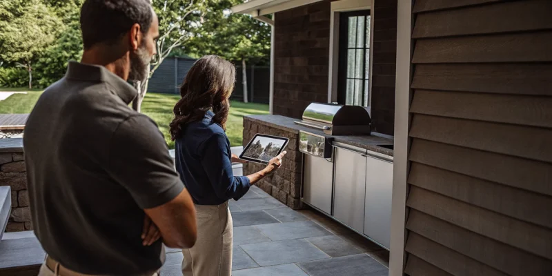 A contractor who installs outdoor kitchens in Suffolk County discusses plans with homeowners.