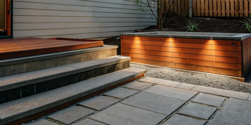 A swim spa on a solid concrete pad foundation, surrounded by decorative pavers.