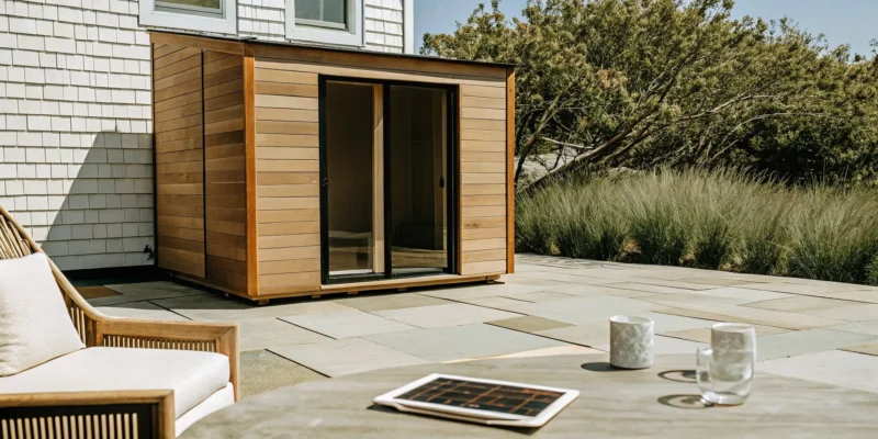 Modern outdoor sauna with a glass door, a project you can finance for your Long Island home.