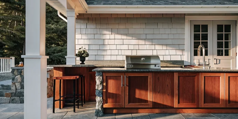 How to finance a modern outdoor kitchen with a built-in grill on Long Island.