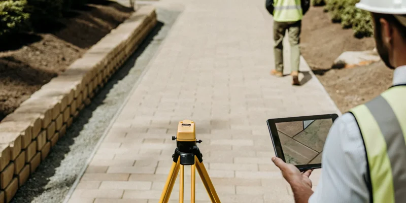 A contractor installs a retaining wall in Nassau County using professional surveying equipment.