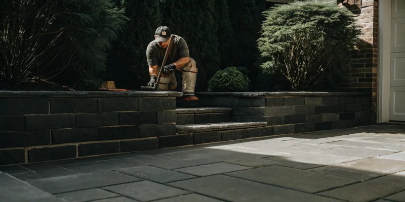 A contractor installs driveway pavers for a home in Nassau County.