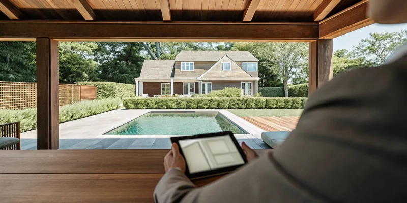 A modern gunite pool in Long Island, with a person on a tablet getting a quote.