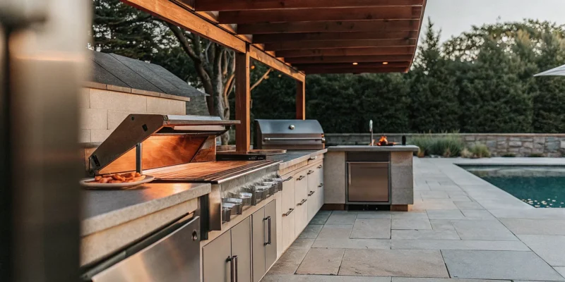 Quote for a modern outdoor kitchen with a grill and pergola in Long Island.