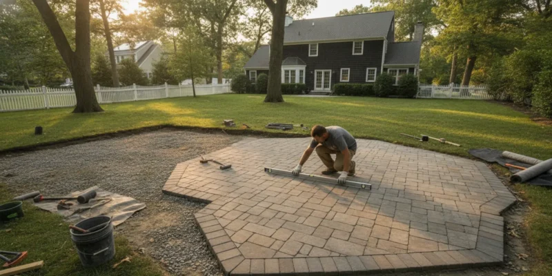 A newly laid paver patio beside a home, with a worker checking the pattern and level