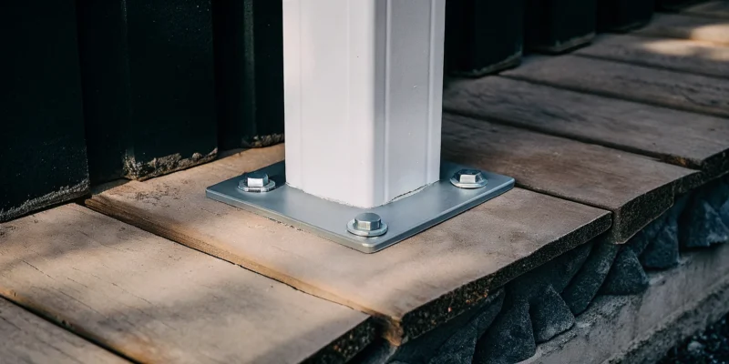 Installing a vinyl fence post on concrete with a surface-mount bracket and anchor bolts.