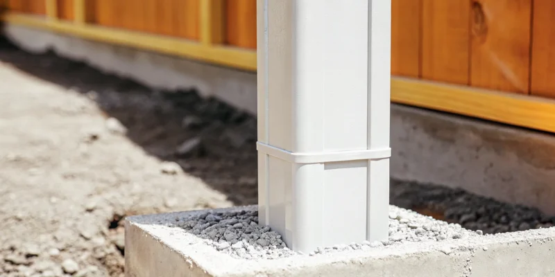 How to install a vinyl fence post set in concrete over a gravel base.
