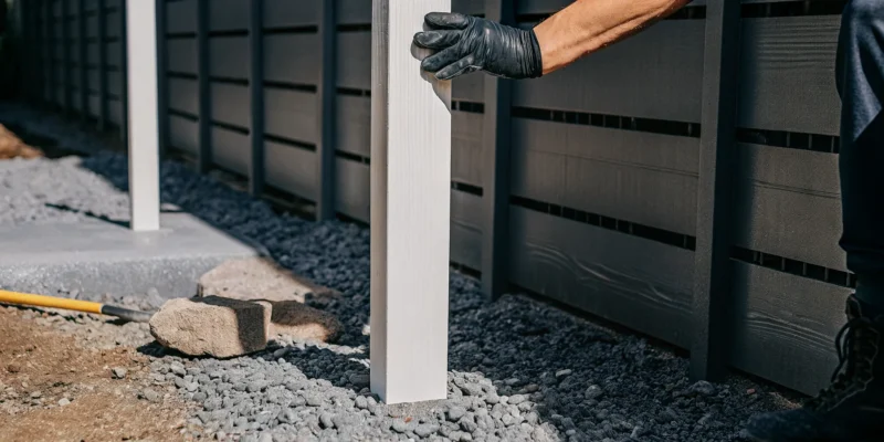 Installing a vinyl fence post without concrete using a base of tamped soil and gravel.