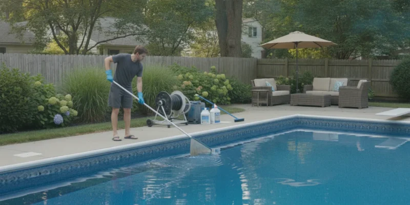 Homeowner maintaining a Long Island swimming pool with a skimmer