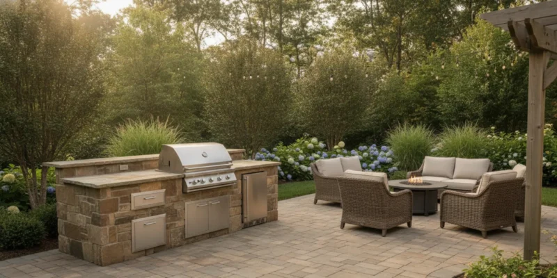 Long Island outdoor kitchen with natural stone counters and stainless appliances